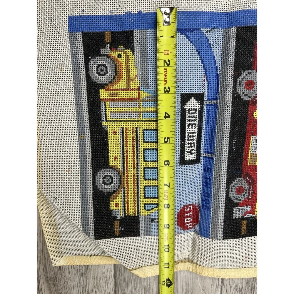 Handpainted Needlepoint Canvas Fire Truck Police Car School Bus Train Airplane
